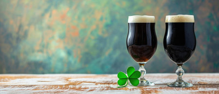 Glass pint of cold draft light lager or dark ale brewed beer with foam on table background. Brewery or pub bar advertising. Oktoberfest festival alcohol beverage or Saint Patricks day drink concept.の素材