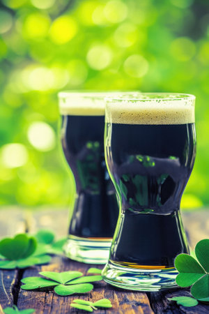 Glass pint of cold draft light lager or dark ale brewed beer with foam on table background. Brewery or pub bar advertising. Oktoberfest festival alcohol beverage or Saint Patricks day drink concept.の素材