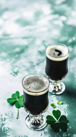 Glass pint of cold draft light lager or dark ale brewed beer with foam on table background. Brewery or pub bar advertising. Oktoberfest festival alcohol beverage or Saint Patricks day drink concept.の素材