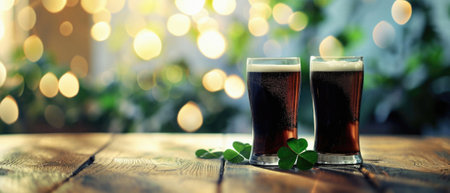 Glass pint of cold draft light lager or dark ale brewed beer with foam on table background. Brewery or pub bar advertising. Oktoberfest festival alcohol beverage or Saint Patricks day drink concept.の素材