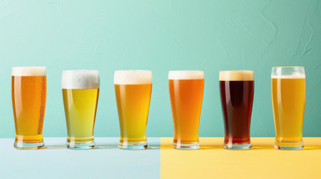 Glass pint of cold draft light lager and dark ale brewed beer with foam on table background. Brewery or pub bar advertising. Oktoberfest festival alcohol beverage or Saint Patricks day drink concept.の素材