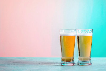 Glass pint of cold draft light lager or dark ale brewed beer with foam on table background. Brewery or pub bar advertising. Oktoberfest festival alcohol beverage or Saint Patricks day drink concept.の素材