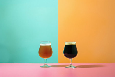 Glass pint of cold draft light lager or dark ale brewed beer with foam on table background. Brewery or pub bar advertising. Oktoberfest festival alcohol beverage or Saint Patricks day drink concept.の素材