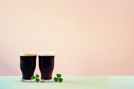 Glass pint of cold draft light lager or dark ale brewed beer with foam on table background. Brewery or pub bar advertising. Oktoberfest festival alcohol beverage or Saint Patricks day drink concept.の素材