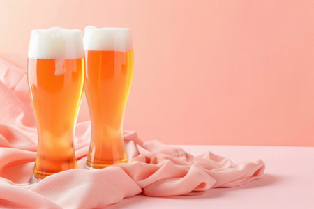 Glass pint of cold draft light lager or dark ale brewed beer with foam on table background. Brewery or pub bar advertising. Oktoberfest festival alcohol beverage or Saint Patricks day drink concept.の素材