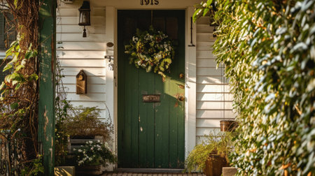Green front door of a house with a wreath on the front door.の素材