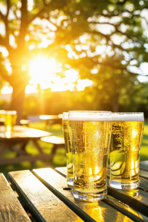 Glass pint of cold draft light lager or dark ale brewed beer with foam on table background. Brewery or pub bar advertising. Oktoberfest festival alcohol beverage or Saint Patricks day drink concept.の素材