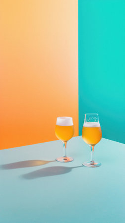 Glass pint of cold draft light lager or dark ale brewed beer with foam on table background. Brewery or pub bar advertising. Oktoberfest festival alcohol beverage or Saint Patricks day drink concept.の素材