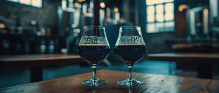 Glass pint of cold draft light lager or dark ale brewed beer with foam on table background. Brewery or pub bar advertising. Oktoberfest festival alcohol beverage or Saint Patricks day drink concept.の素材