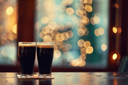 Glass pint of cold draft light lager or dark ale brewed beer with foam on table background. Brewery or pub bar advertising. Oktoberfest festival alcohol beverage or Saint Patricks day drink concept.の素材