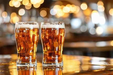 Glass pint of cold draft light lager or dark ale brewed beer with foam on table background. Brewery or pub bar advertising. Oktoberfest festival alcohol beverage or Saint Patricks day drink concept.の素材