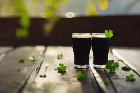 Glass pint of cold draft light lager or dark ale brewed beer with foam on table background. Brewery or pub bar advertising. Oktoberfest festival alcohol beverage or Saint Patricks day drink concept.の素材