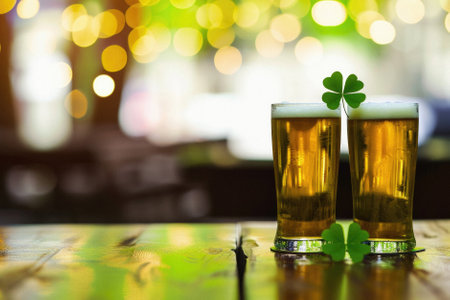 Glass pint of cold draft light lager or dark ale brewed beer with foam on table background. Brewery or pub bar advertising. Oktoberfest festival alcohol beverage or Saint Patricks day drink concept.の素材