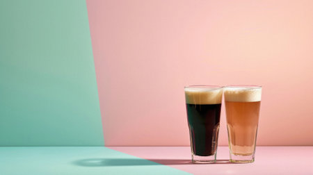 Glass pint of cold draft light lager or dark ale brewed beer with foam on table background. Brewery or pub bar advertising. Oktoberfest festival alcohol beverage or Saint Patricks day drink concept.の素材
