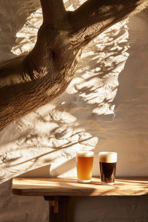 Glass pint of cold draft light lager or dark ale brewed beer with foam on table background. Brewery or pub bar advertising. Oktoberfest festival alcohol beverage or Saint Patricks day drink concept.の素材