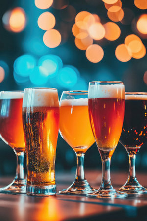 Glass pint of cold draft light lager or dark ale brewed beer with foam on table background. Brewery or pub bar advertising. Oktoberfest festival alcohol beverage or Saint Patricks day drink concept.の素材
