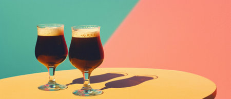 Glass pint of cold draft light lager or dark ale brewed beer with foam on table background. Brewery or pub bar advertising. Oktoberfest festival alcohol beverage or Saint Patricks day drink concept.の素材