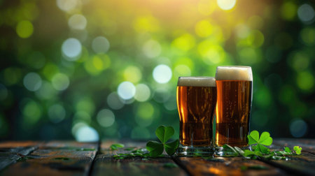Glass pint of cold draft light lager or dark ale brewed beer with foam on table background. Brewery or pub bar advertising. Oktoberfest festival alcohol beverage or Saint Patricks day drink concept.の素材