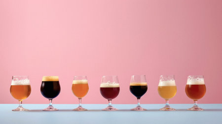 Glass pint of cold draft light lager or dark ale brewed beer with foam on table background. Brewery or pub bar advertising. Oktoberfest festival alcohol beverage or Saint Patricks day drink concept.の素材