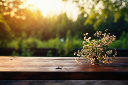 Wooden table spring nature bokeh background, empty wood desk product display mockup with green park sunny blurry abstract garden backdrop landscape ads showcase presentation. Mock up, copy space.の素材