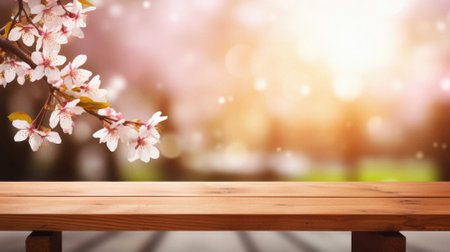 Wooden table spring nature bokeh background, empty wood desk product display mockup with green park sunny blurry abstract garden backdrop landscape ads showcase presentation. Mock up, copy space.の素材