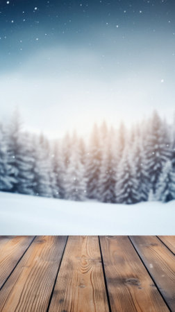 Wooden table snowy trees winter nature bokeh background, empty wood desk product display mockup snow landscape blurry abstract backdrop ads showcase Christmas time presentation. Mock up, copy space.の素材