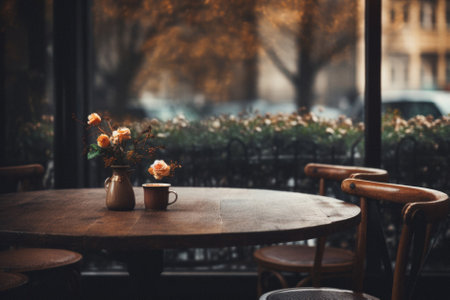 Wooden cafe table bokeh background, empty wood desk restaurant tabletop counter in bar or coffee shop surface product display mockup with blurry city lights backdrop presentation. Mock up, copy space.の素材