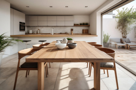 Wooden kitchen home table bokeh background, empty wood desk tabletop food counter surface product display mockup with blurry cafe abstract backdrop advertising presentation. Mock up, copy space.の素材