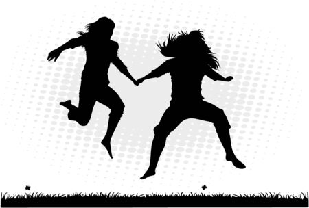 Jumping silhouettes of girls - a scene from natureのイラスト素材