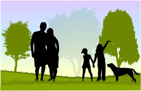 Family walk with the dog in the parkのイラスト素材