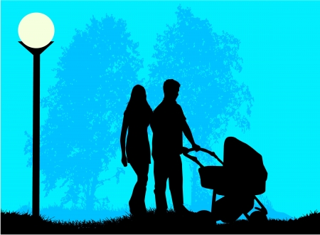 Parents with a child walking in the pramのイラスト素材