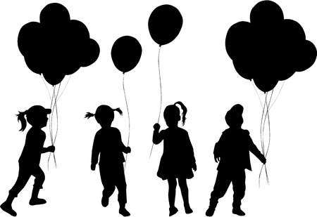 Silhouettes of children with balloon.のイラスト素材