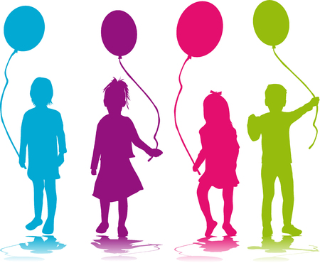 Silhouettes of children with balloon.のイラスト素材