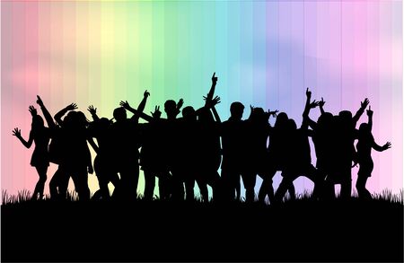 Dancing people silhouettes. Large group.のイラスト素材