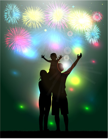 Fireworks Party.Silhouette family.のイラスト素材