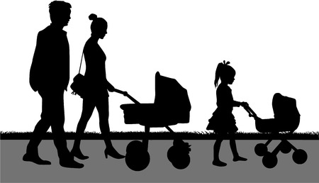 Silhouette family a girl pushing a pram for dolls.のイラスト素材