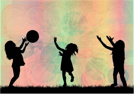 Silhouettes of children playing ball.のイラスト素材