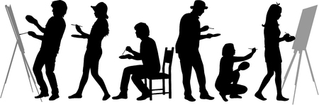 Silhouettes of easel painters. Silhouettes conceptual.のイラスト素材