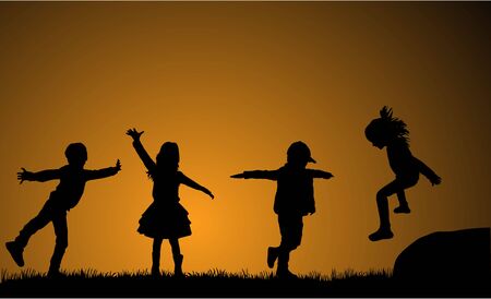 Children playing outside. Background sunset.のイラスト素材
