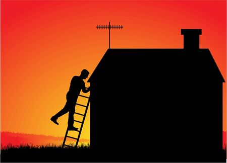 Chimney sweep with a ladder on the roof.のイラスト素材