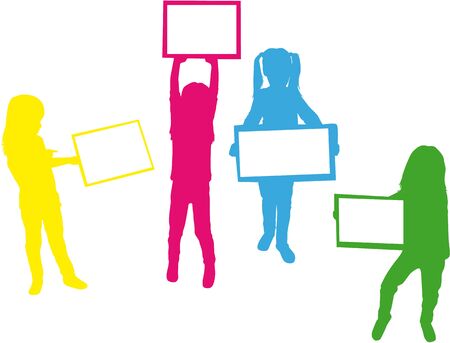 Silhouettes of children with pieces of paper.のイラスト素材