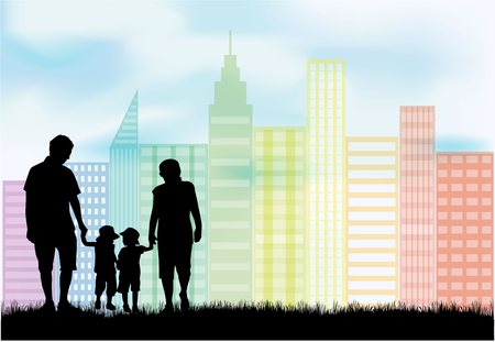 Family silhouette - urban background.のイラスト素材