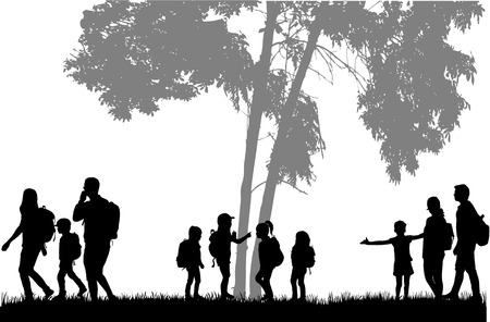 Family reaching with backpacks on a trip.のイラスト素材