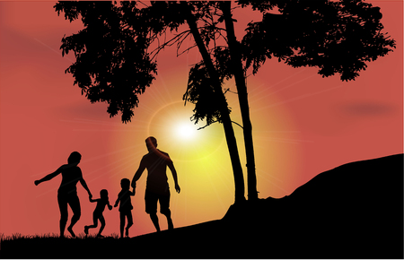 Family walk at sunsetのイラスト素材