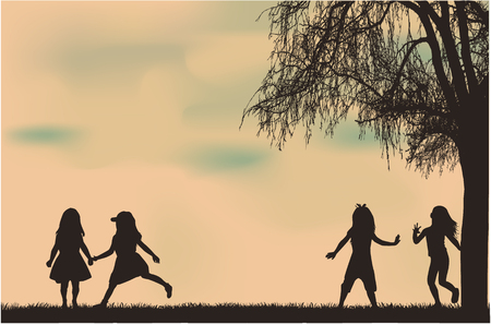 Silhouettes of children playing. Silhouettes conceptual.のイラスト素材