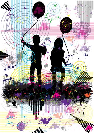 Vector silhouette of children.Abstract background.のイラスト素材