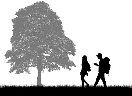 Silhouettes of people with backpacks, nature in the background.のイラスト素材