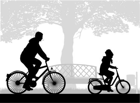 Silhouettes of people with backpacks, nature in the background.のイラスト素材