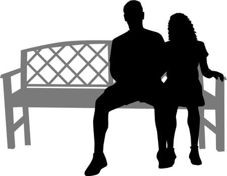 Black silhouettes of people sitting on a benchのイラスト素材