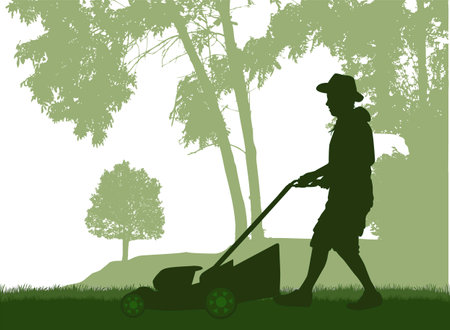 Man Mowing Lawn. Conceptual illustration.のイラスト素材